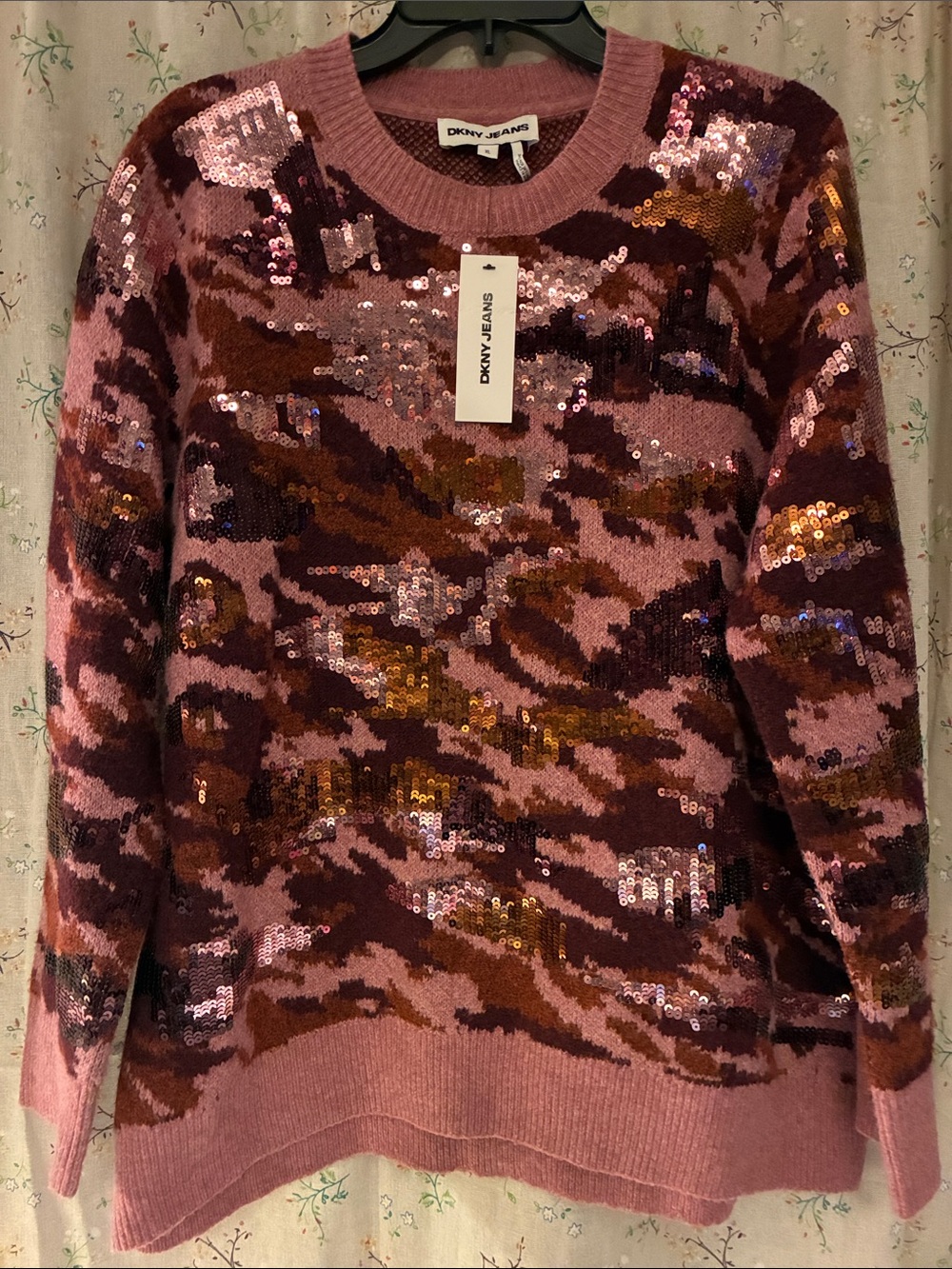 NWT DKNY Pink and Brown Sequin Camouflage Crewneck Sweater XL